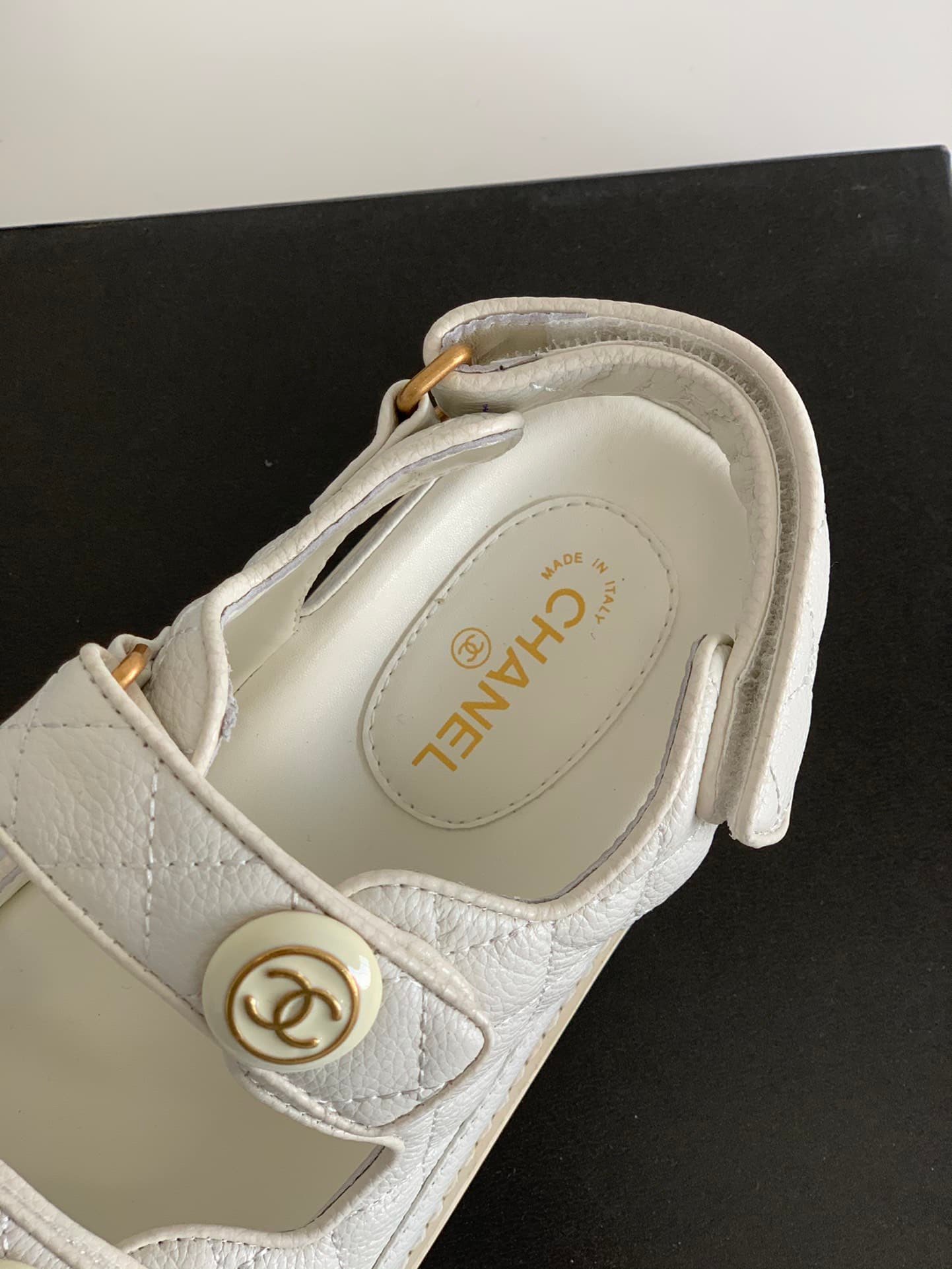 Ch**el Cc Button Velcro White Sandals Grained Calfskin Leather