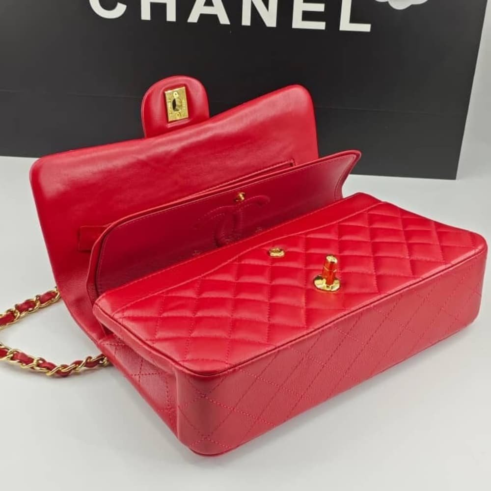 Ch**el Medium Classic Double Flap Red Gold Hardware 25Cm