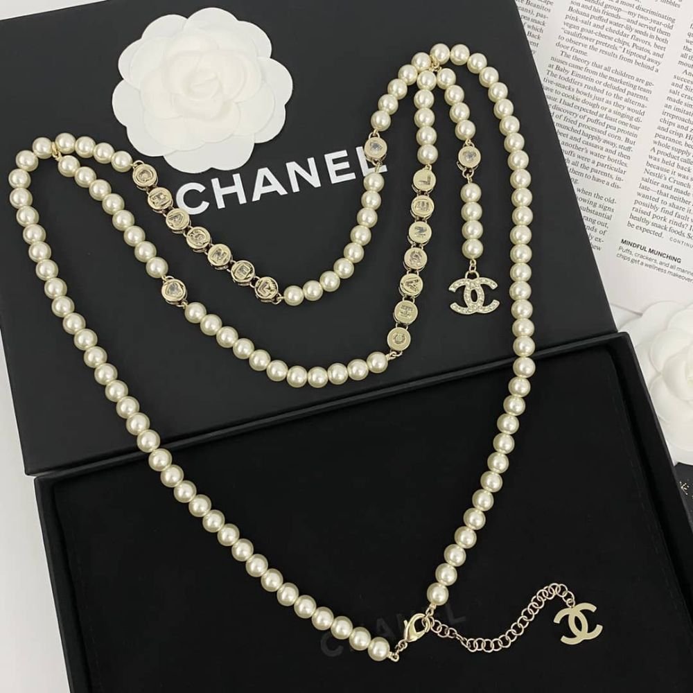 Ch**el Pearl Necklace with Gold Medalion Charms