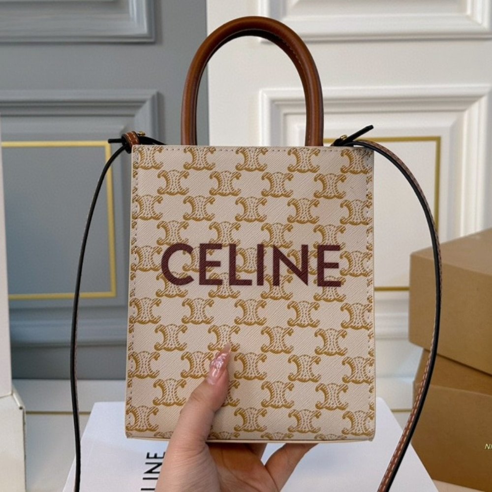 Ce1i*e Mini Vertical Cabas In Triomphe Canvas And Beige 17Cm