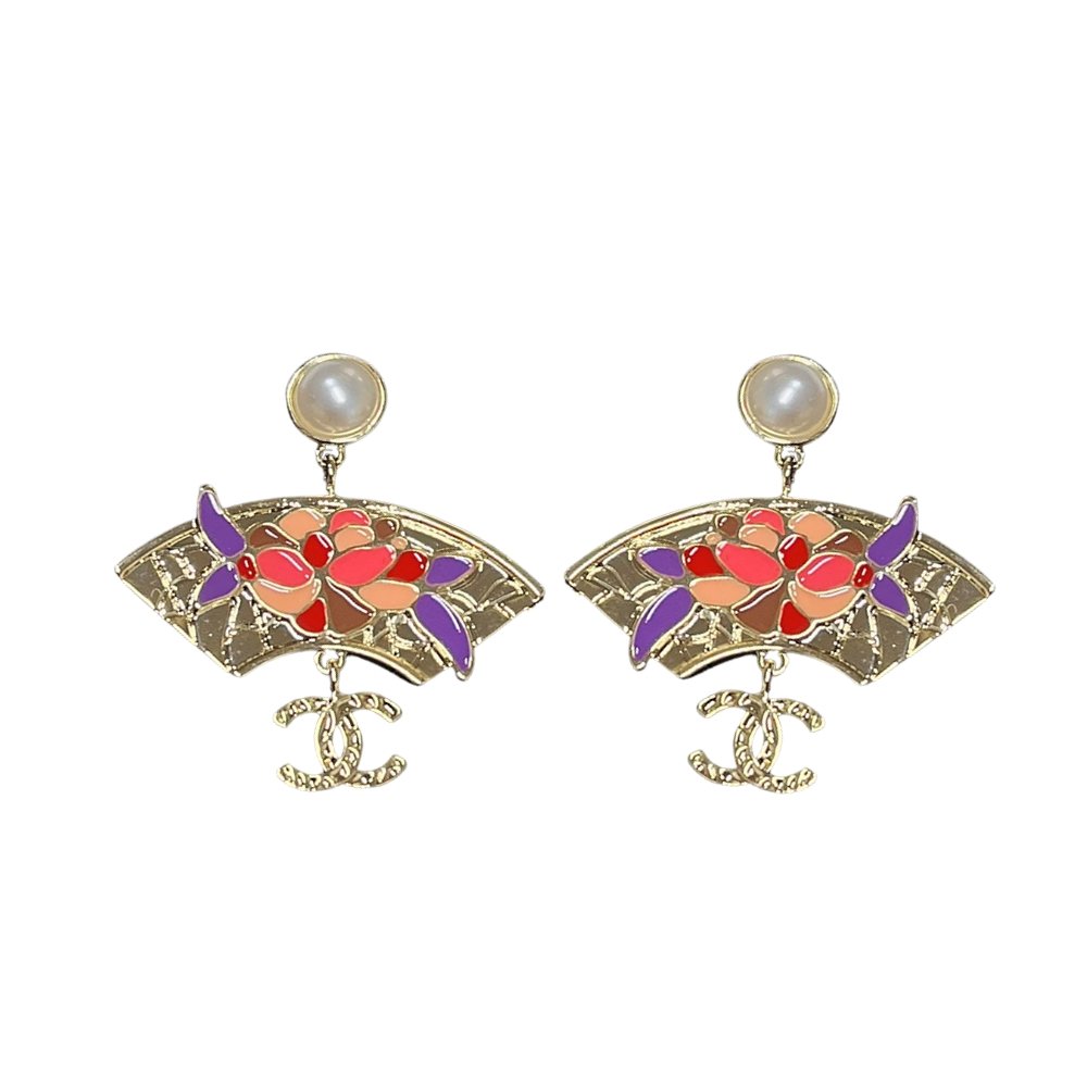 Ch**el Fan Floral Enamel Pearl Drop Earrings Multicolour Abf930 B21130 U2139