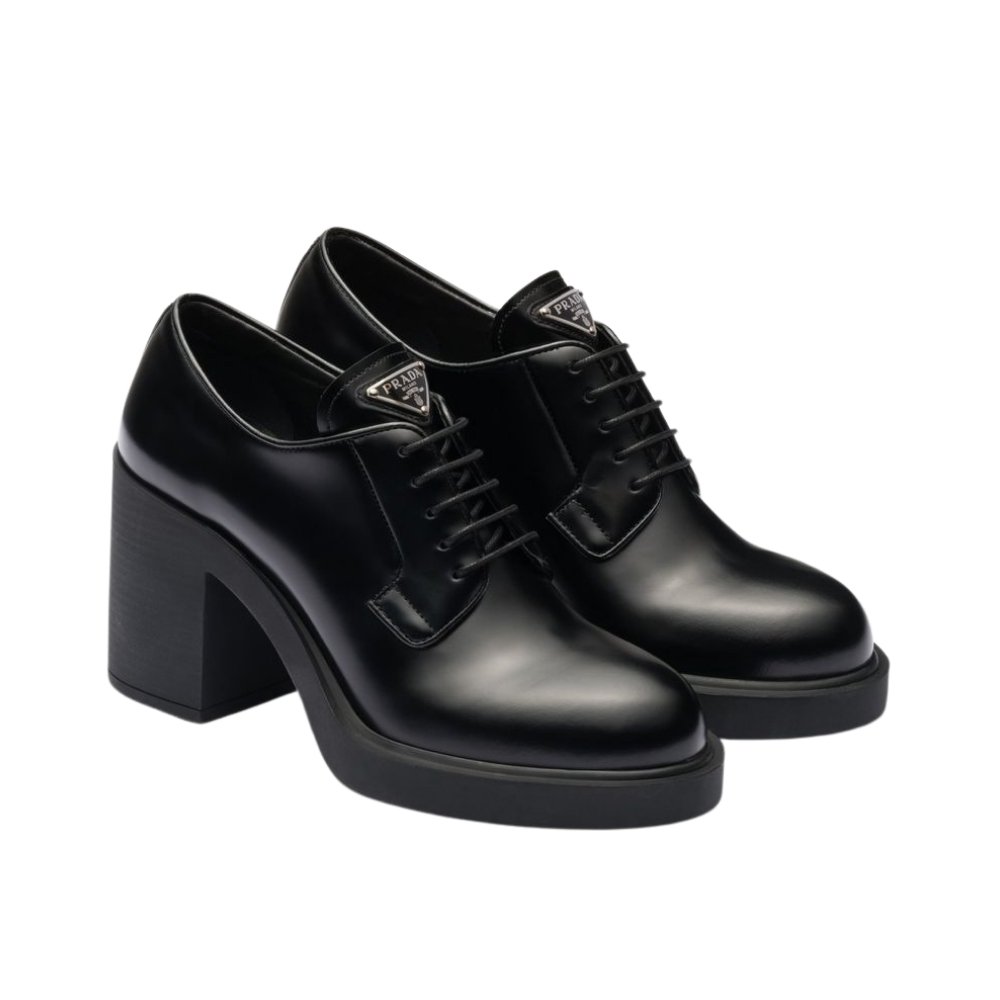 Pra*a Heeled Brushed Leather Lace Ups Black 1E976M 055 F0002 F 085
