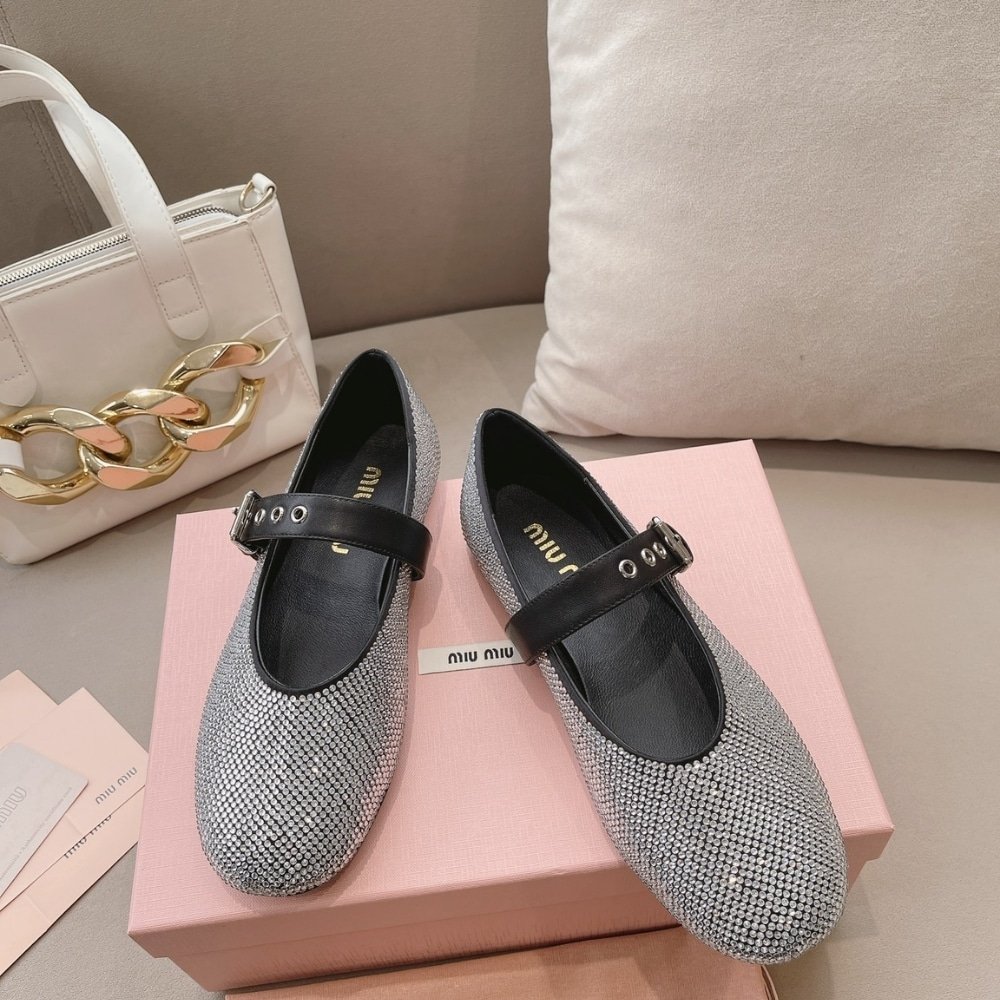 M1um1u Satin Ballerinas With Crystals Black 5F209E 2Awl F0002 F 005