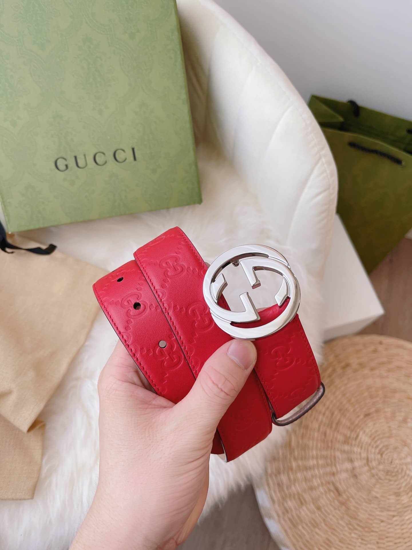 Gvc*1 Calfskin Monogram Red Belt Silver Metal 3.5Cm