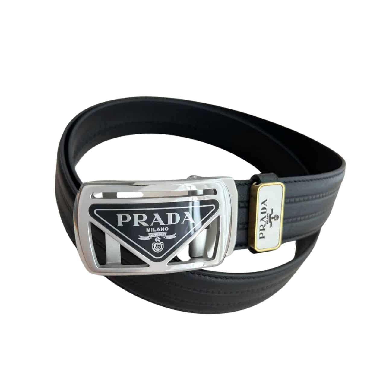 Pra*a Saffiano Leather Belt Silver Hardware In Black