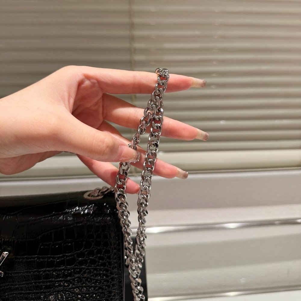 Sa1nt Lau*nt Kate Small Tassel In Crocodile Embossed Leather Silver Black 19Cm 474366Dnd0N1000