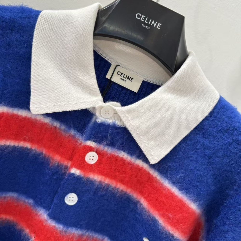 Ce1i*e Polo Sweater In Brushed Striped Cotton Blue And Red Ry0Fq0Zqj Gbt8