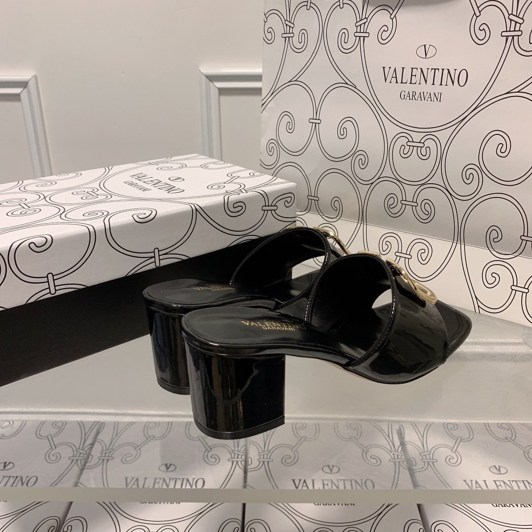 Va1e*ntin0 Vlogo Signature Square Toe Middle Heel Black Slide Sandal