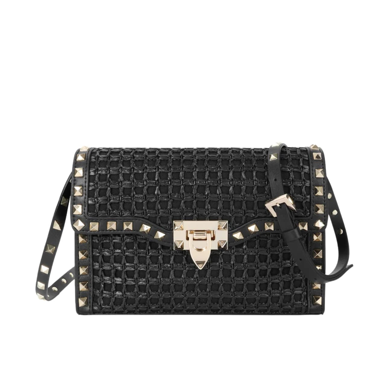 Va1e*ntin0 Garavani Rockstud Small Raffia Shoulder Bag Black 22Cm