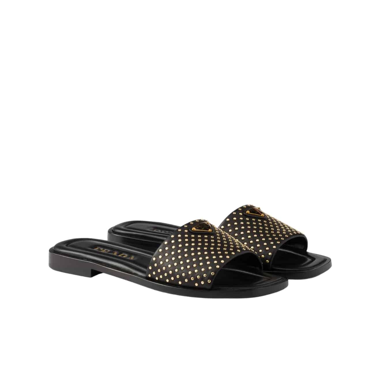 Pra*a Nappa Leather Slides With Studs Black 1Xx760 Zhp F0002 F 010