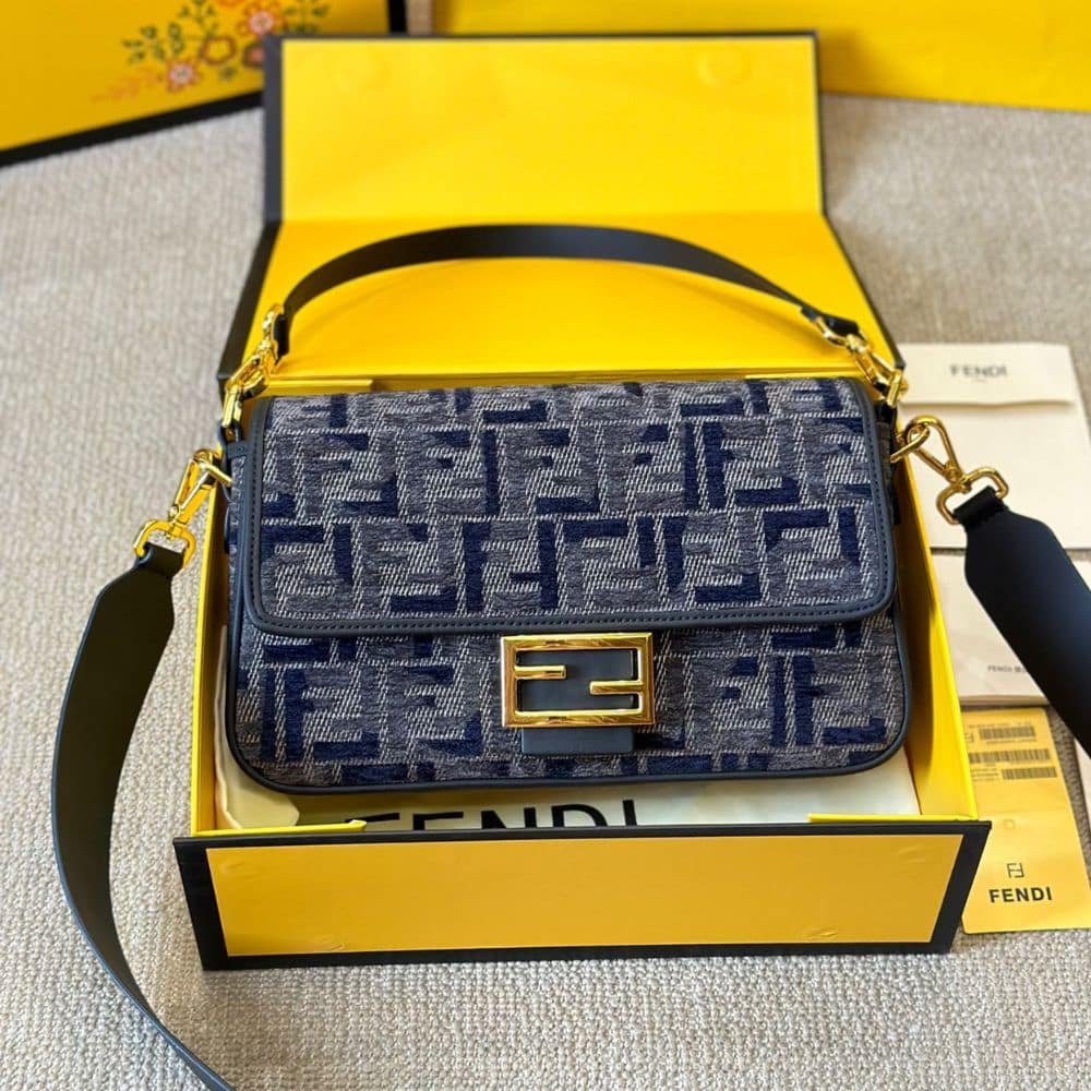 F**di Baguette Ff Chenille Bag Dark Blue 27Cm