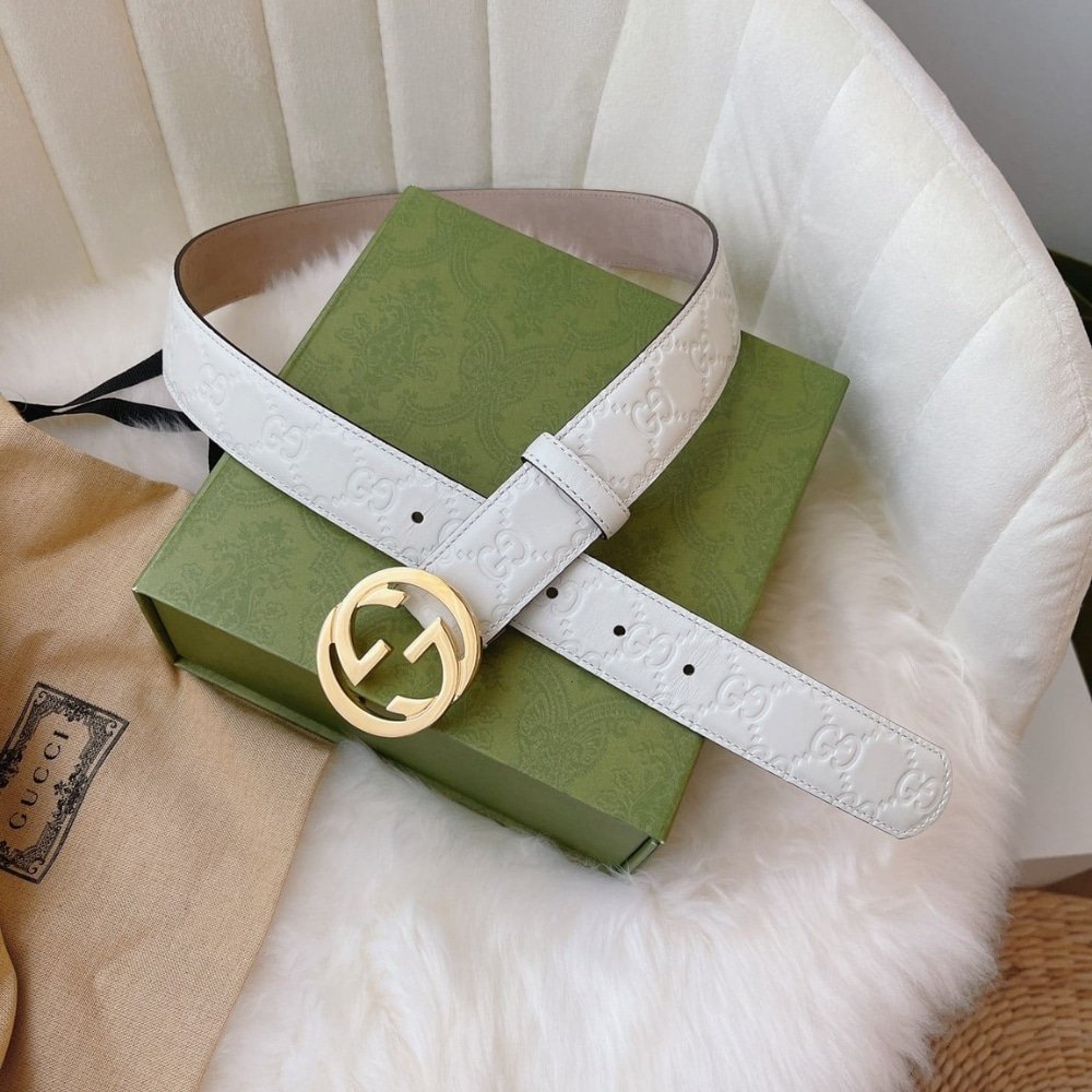 Gvc*1 Double G Buckle Belt White Leather 370543 Cwc1G 9022