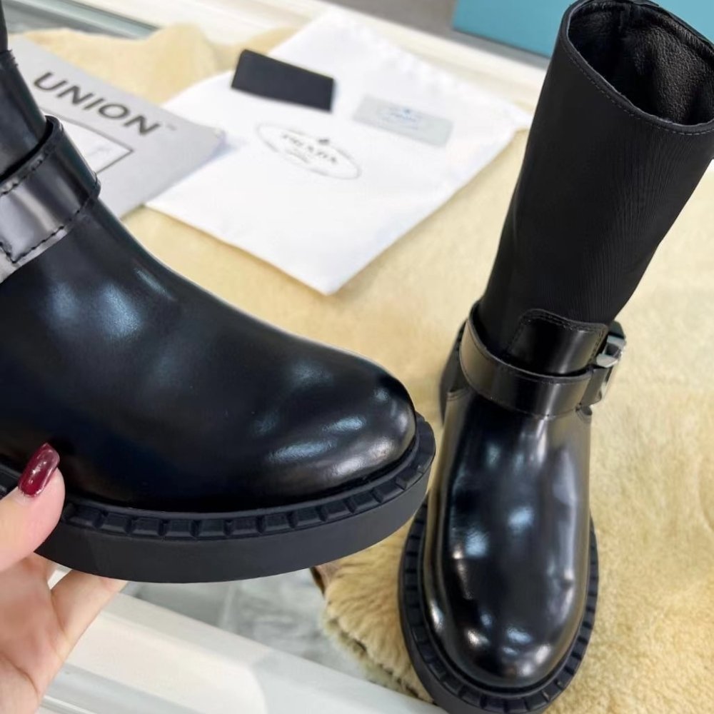 Pra*a Brushed Leather And Re Nylon Boots Black 1U682M 3Lf7 F0002 F B050