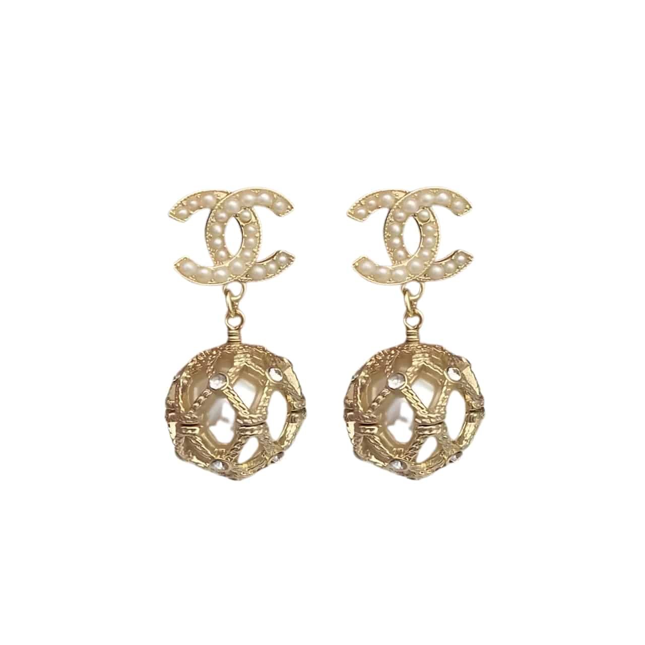 Ch**el Gold Caged Pearl Earrings