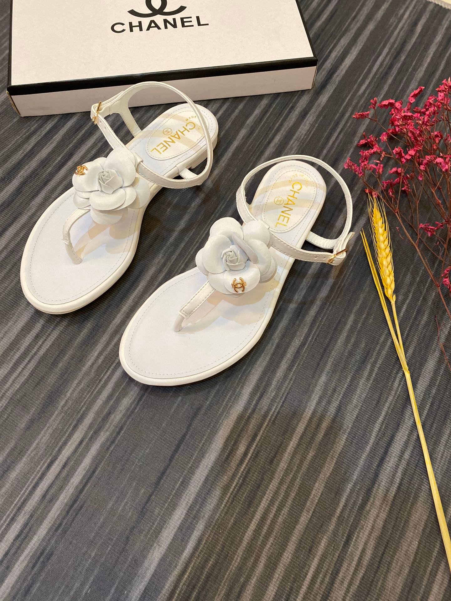 Ch**el Jelly Rubber Camellia Sandals White