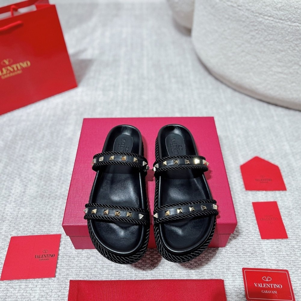 Va1e*ntin0 Garavani Rockstud Leather Espadrille Slide In Black 6W2S0Jr3Bae
