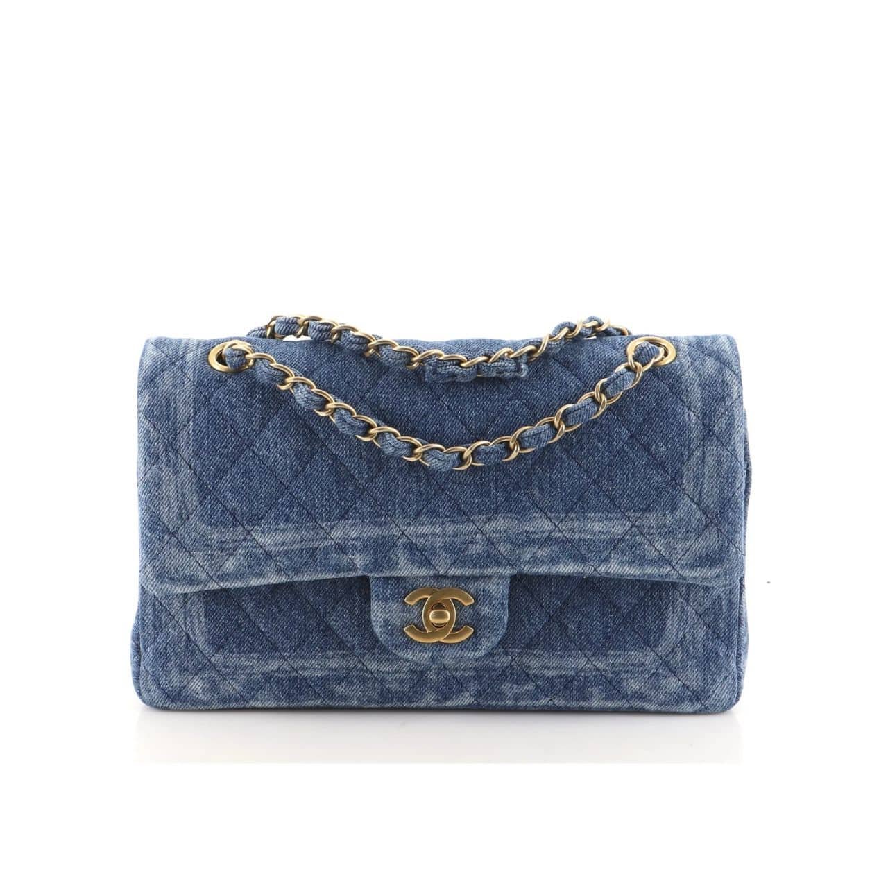 Ch**el Classic Double Flap Bag Quilted Printed Denim Medium Blue 25Cm