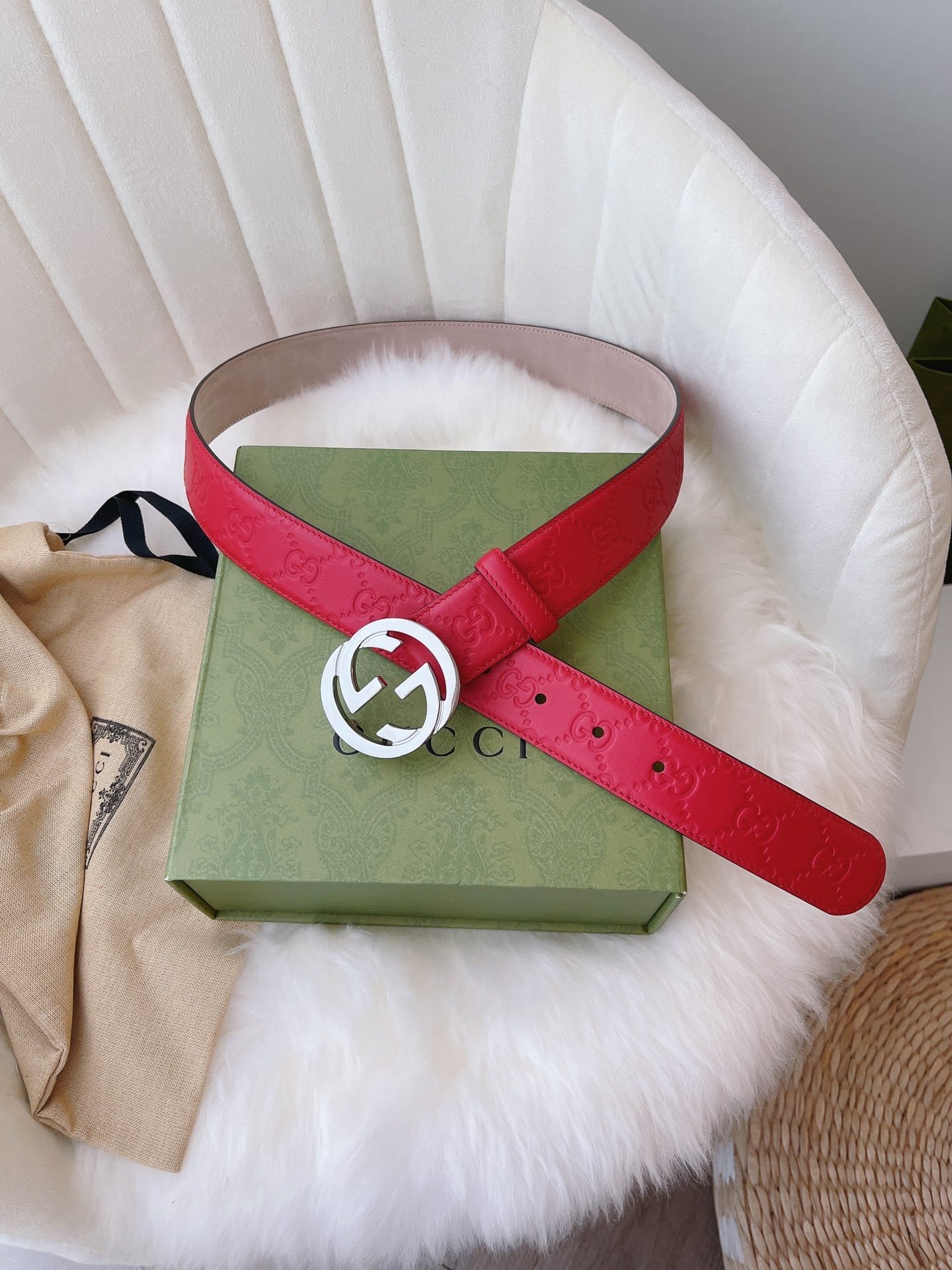 Gvc*1 Calfskin Monogram Red Belt Silver Metal 3.5Cm