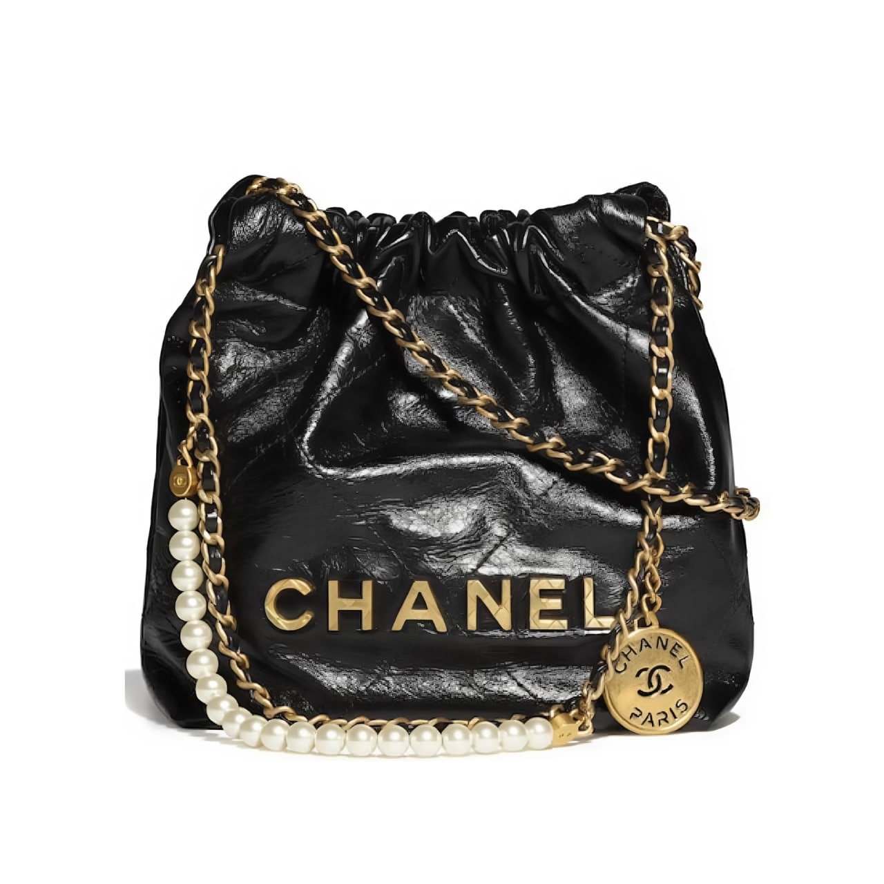 Ch**el 22 Mini Handbag Shiny Crystal Pearls Gold Tone Metal Black 22Cm As3980 B10672 94305