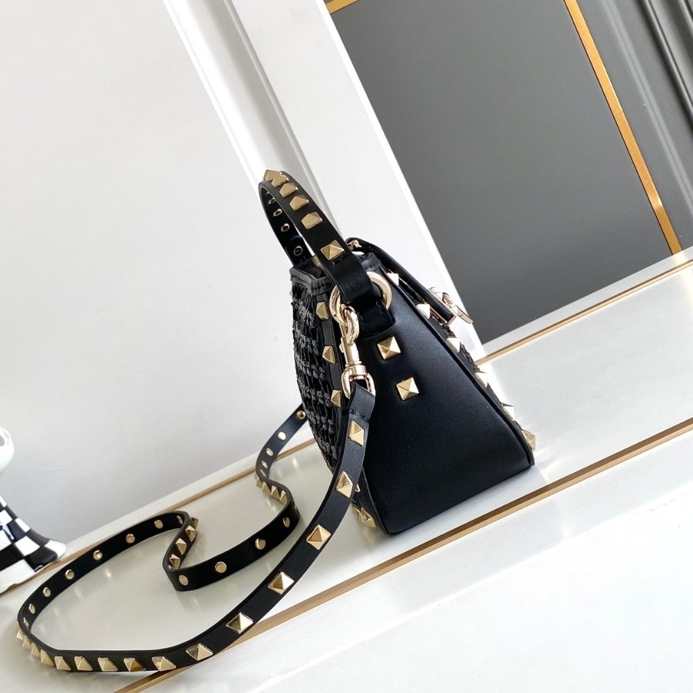Va1e*ntin0 Garavani Rockstud Raffia Small Crossbody Bag Black 19Cm
