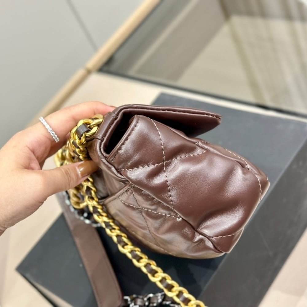 Ch**el 19 Flap Bag Shiny Gold And Silver Tone Brown 20Cm