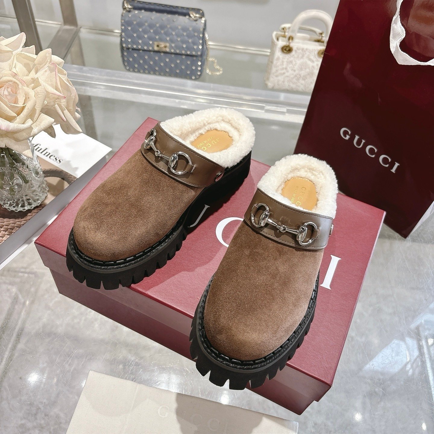 Gvc*1 Horsebit Shearling Mules In Dark Brown Suede
