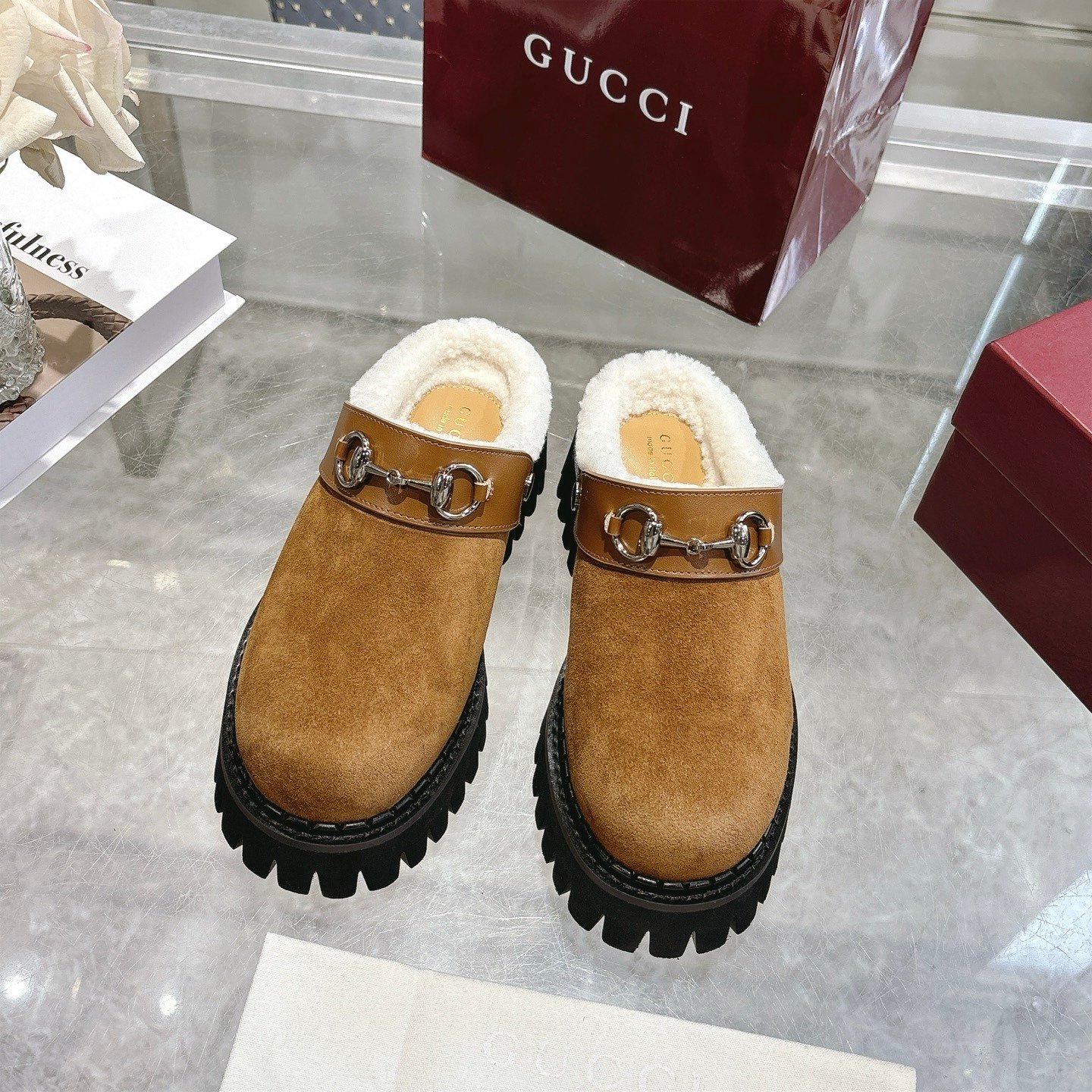 Gvc*1 Horsebit Shearling Mules In Brown Suede