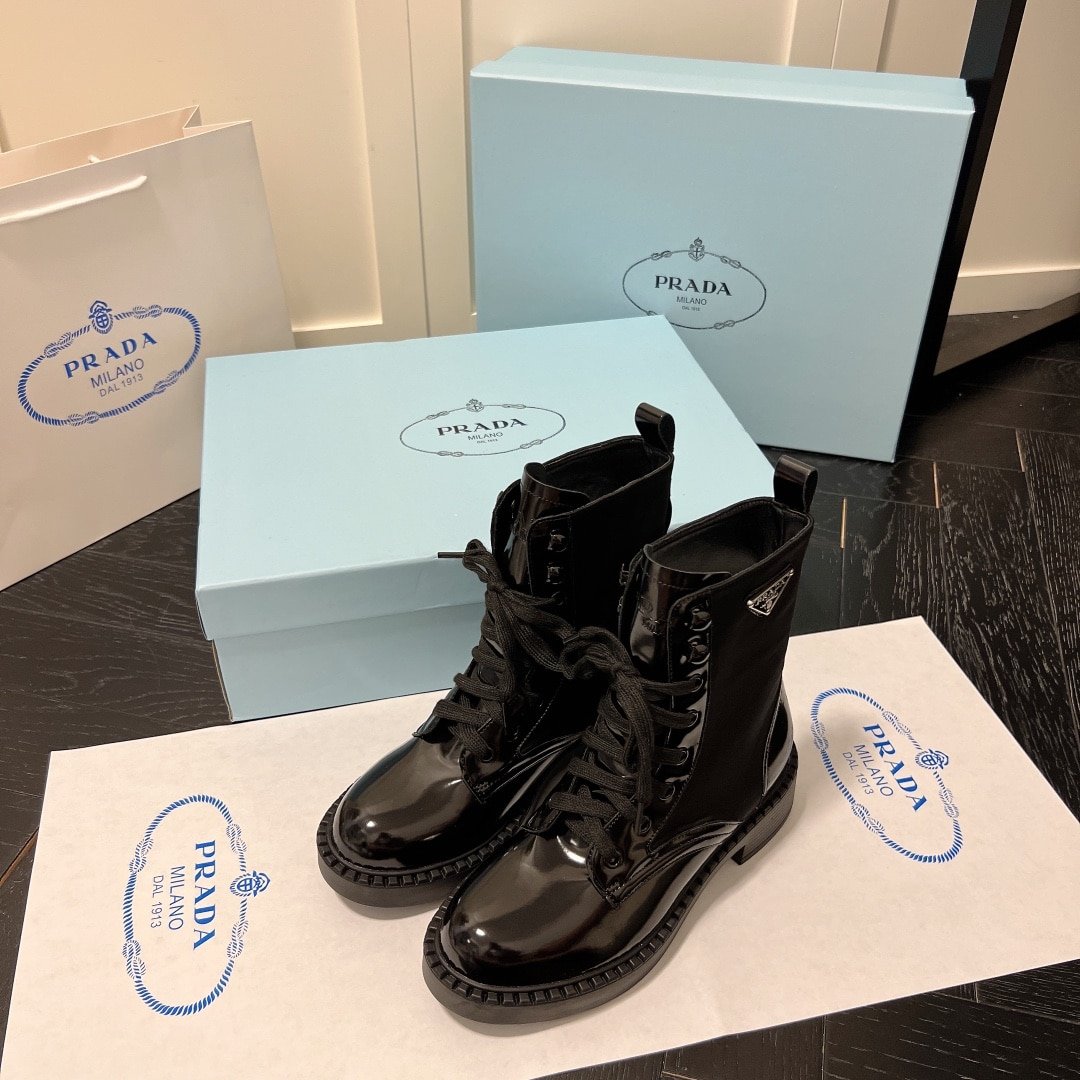 Pra*a Brushed Leather And Re Nylon Boots Black 1T782M 3Lf7 F0002 F B050