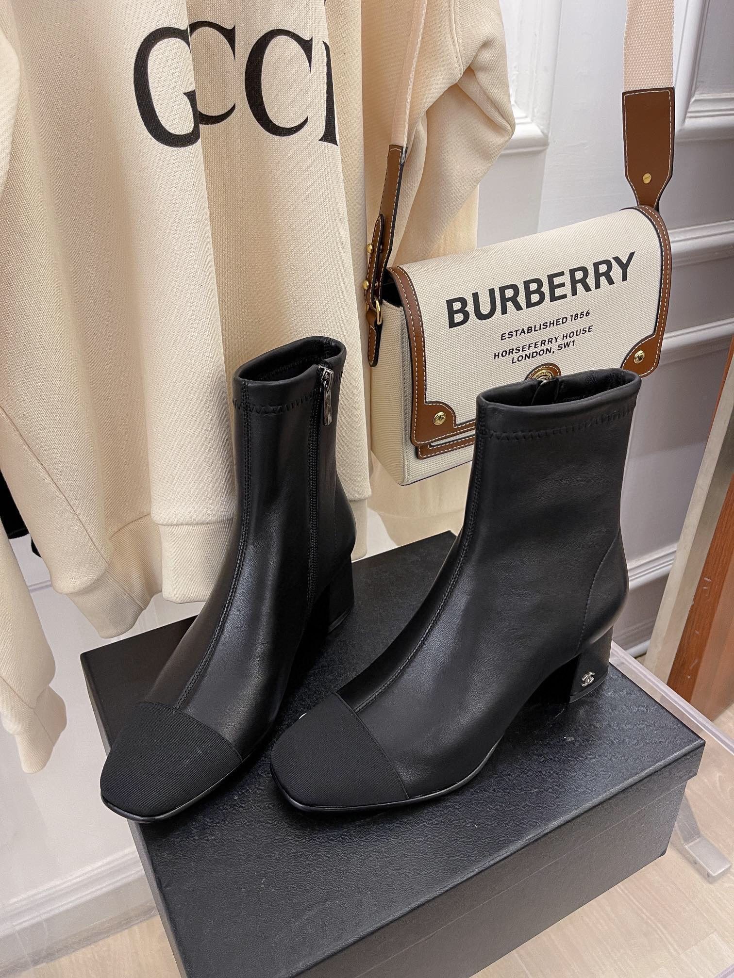 Ch**el Square Toe Leather Ankle Boots Shiny Black