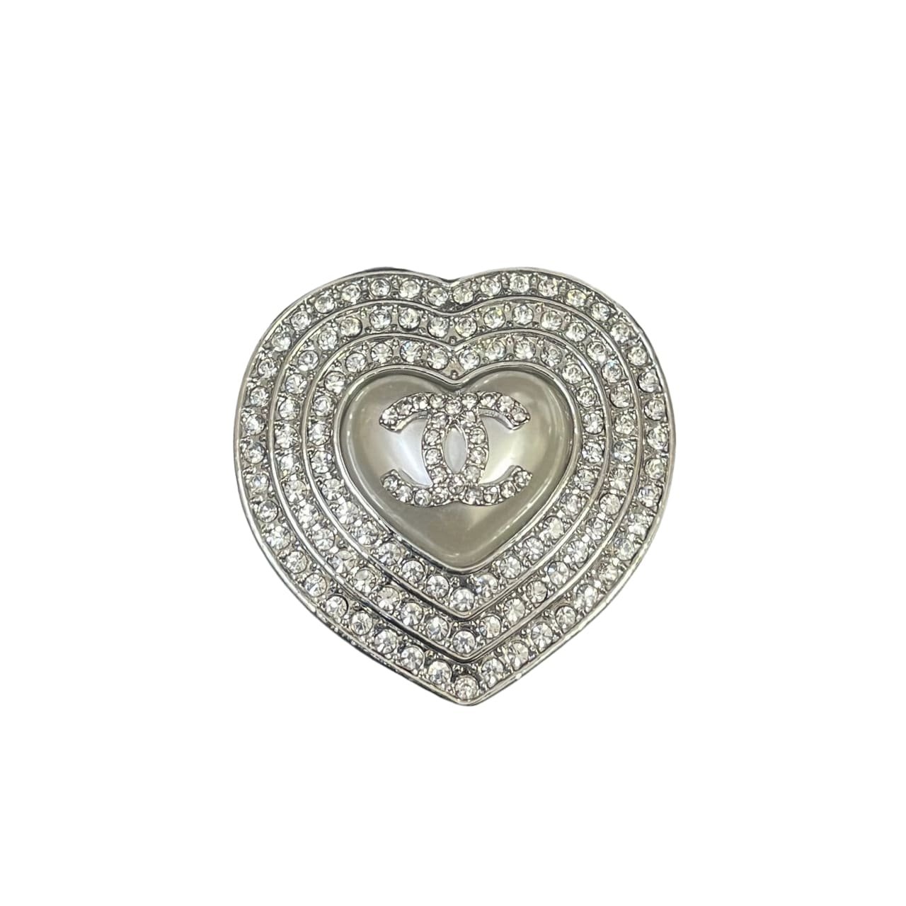 Ch**el Cc Heart Brooch Silver With Pearl Heart
