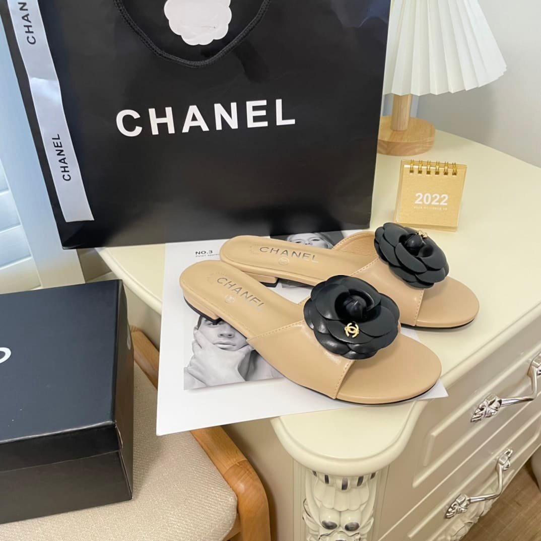 Ch**el Black Camellia Slides Beige