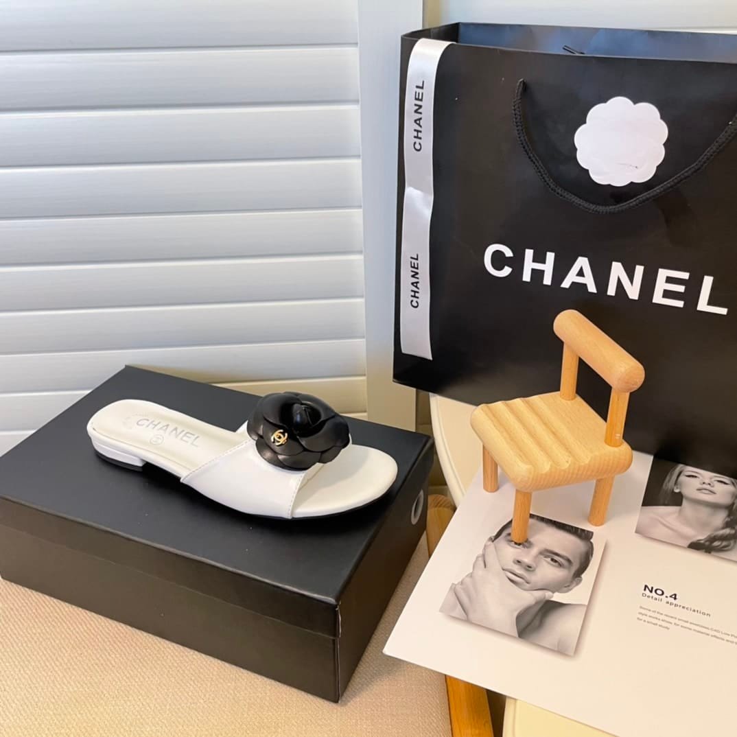 Ch**el Black Camellia Slides White