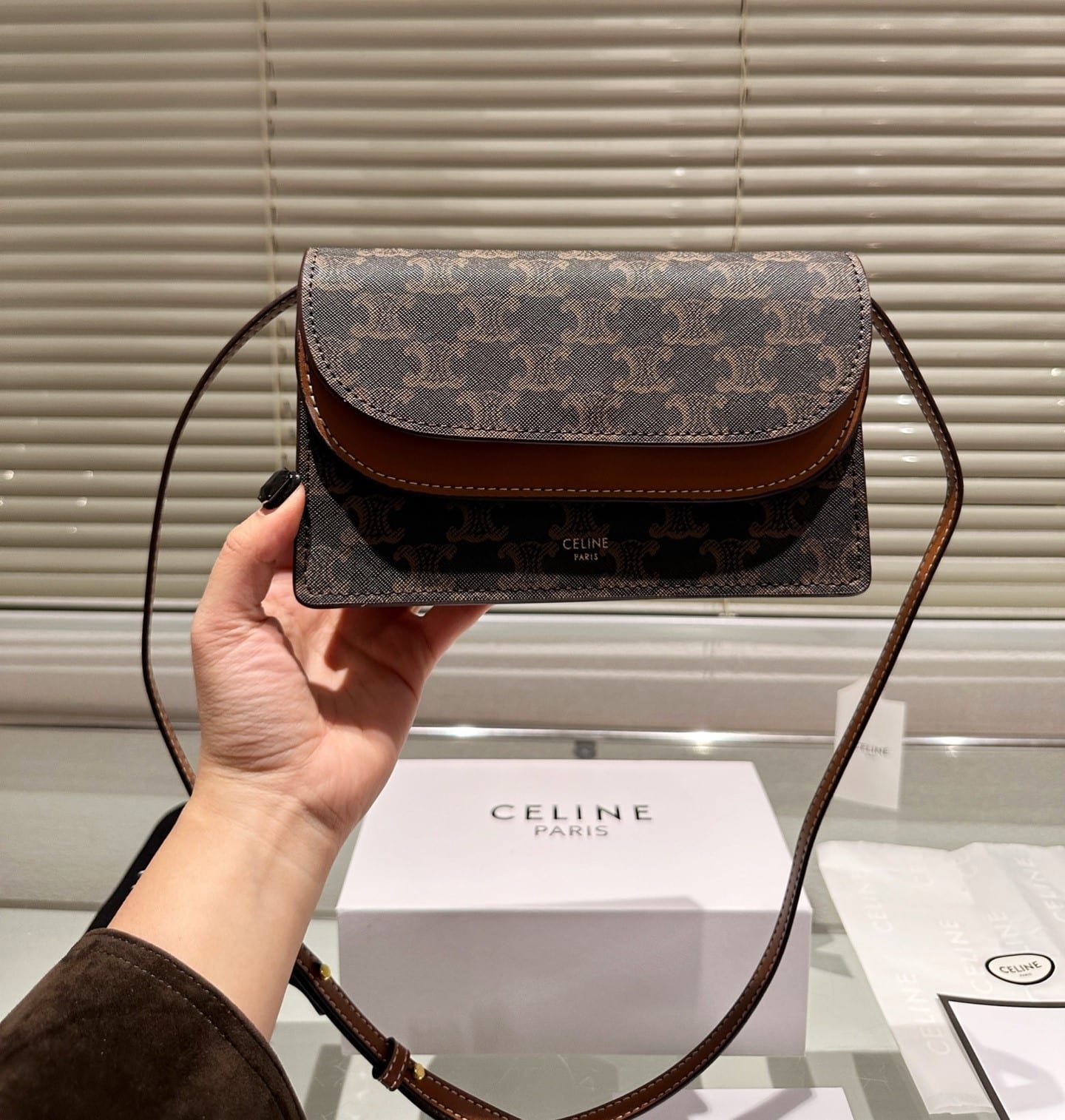 Ce1i*e Wallet On Strap In Triomphe Canvas And Smooth Tan 20Cm
