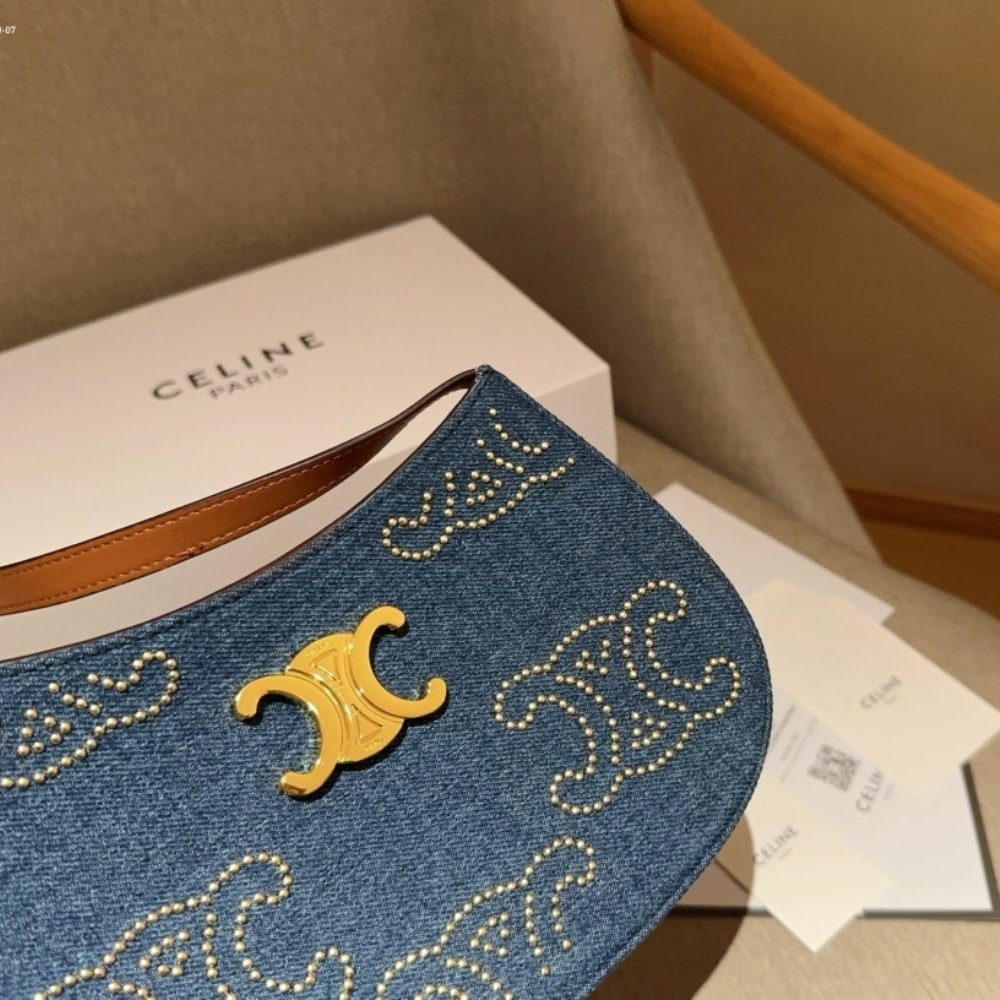 Ce1i*e Medium Tilly Bag With Triomphe Studs And Calfskin Denim 22Cm