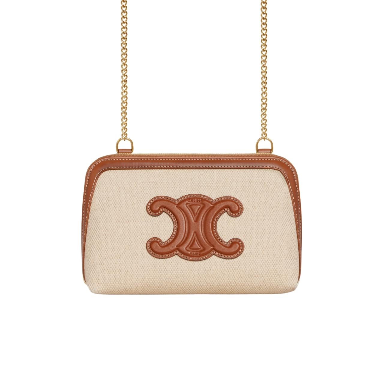 Ce1i*e Clutch On Chain Cuir Triomphe In Textile And Calfskin Natural Tan 17Cm