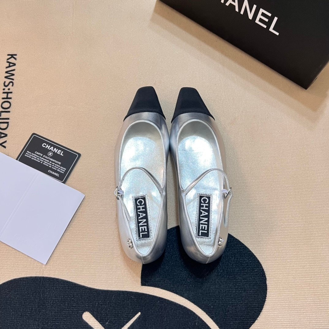 Ch**el Square Toe Ballet Flats Black Silver