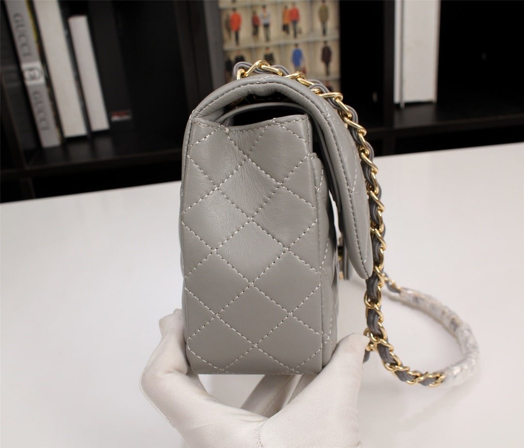 Ch**el Classic Flap Gray Gold Hardware 25Cm