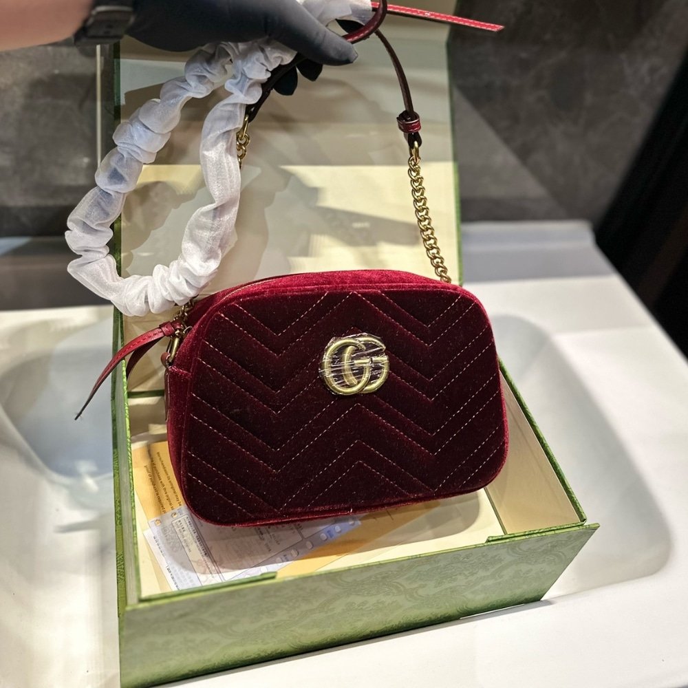 Gvc*1 Small Gg Marmont Camera Bag Velvet Wine Red 23Cm
