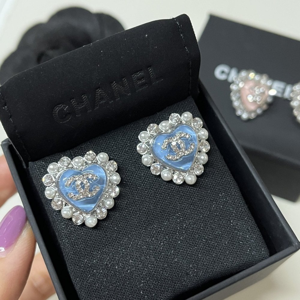 Ch**el Heart Motif And Crystal Earrings In Blue