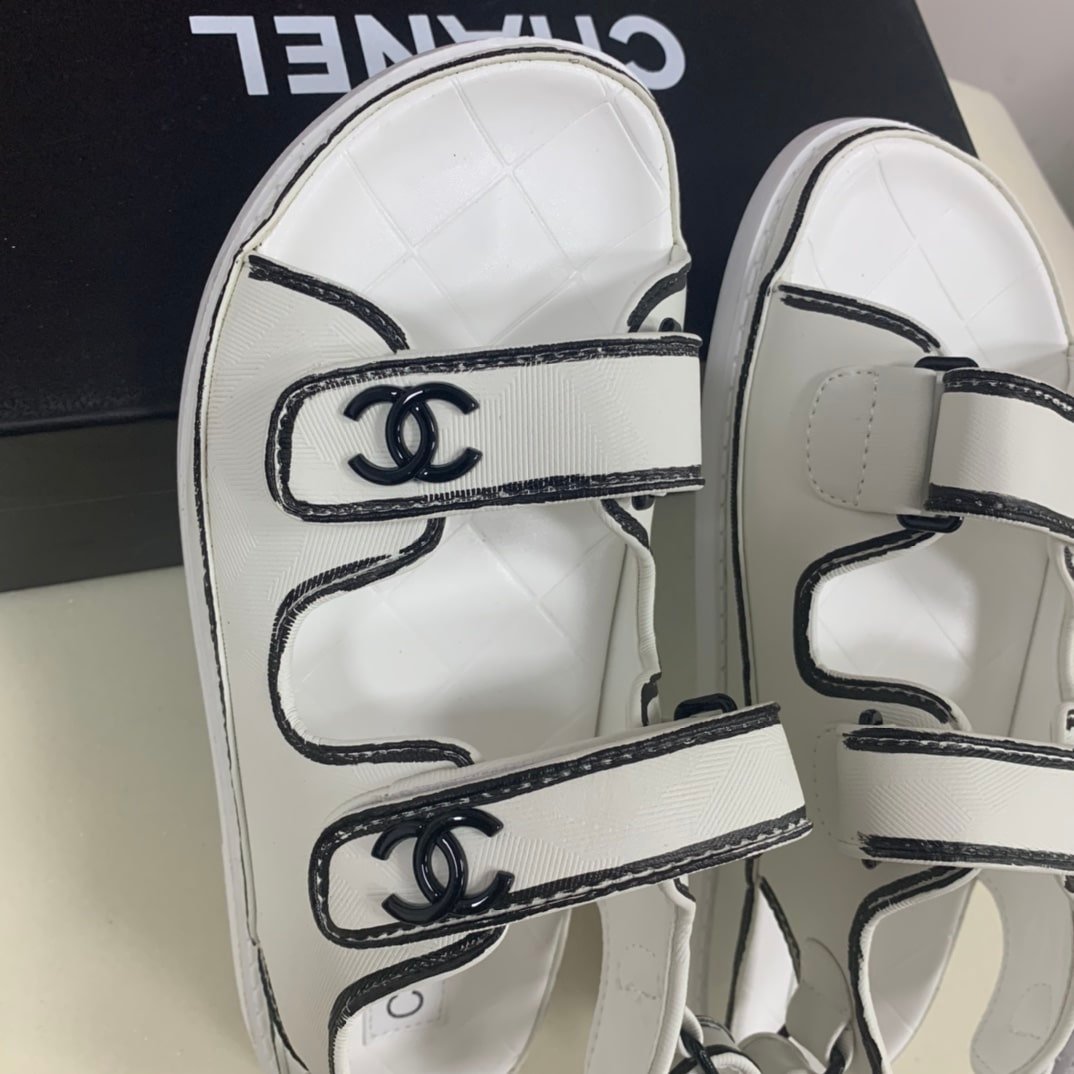 Ch**el Calfskin Printed Velcro Dad Sandals White Black