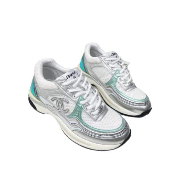 Ch**el 23C Silver Metallic Cc Logo Lace Up Flat Runner Trainer Sneaker White Turquoise