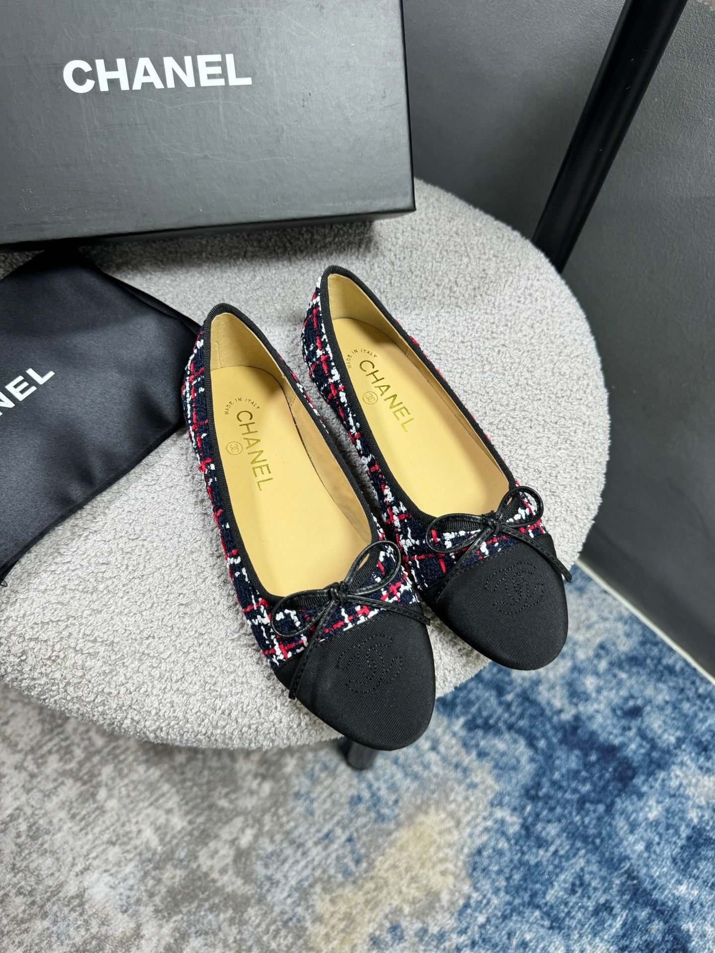 Ch**el Ballerina Flat Shoes Tweed In Black
