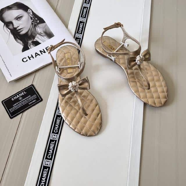 Ch**el Gold Quilted Leather With White Camellia Cc Logo Bow Thong Sandals