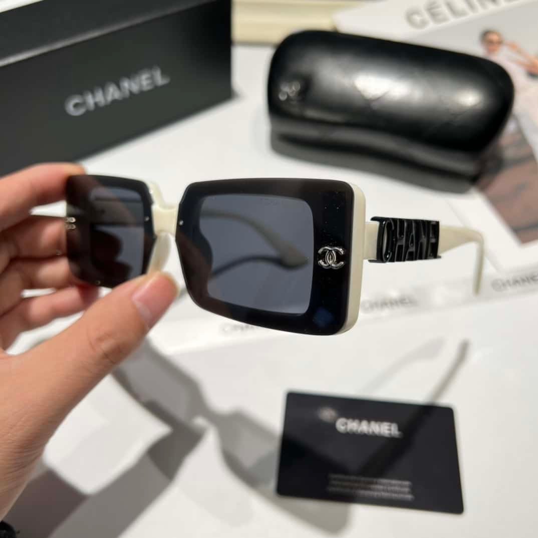 Ch**el Rectangle Shiny Design Sunglasses Black White