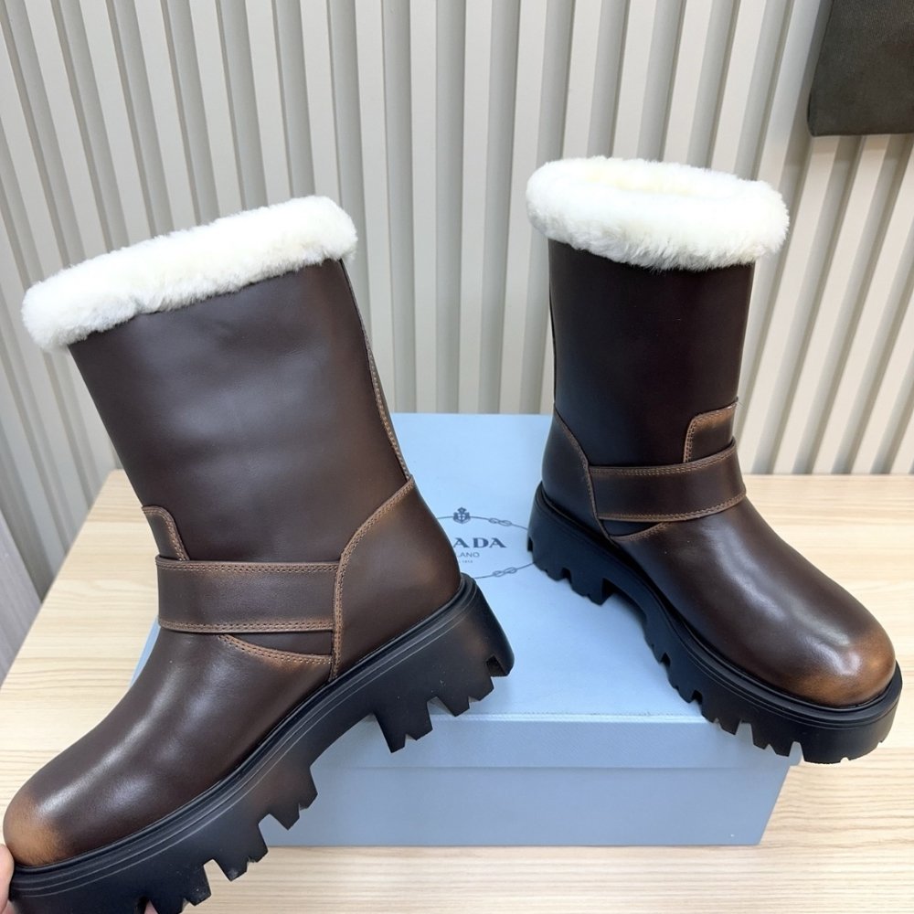 Pra*a Leather And Shearling Booties Cocoa Brown 1U187O Dfw F0324 F 050
