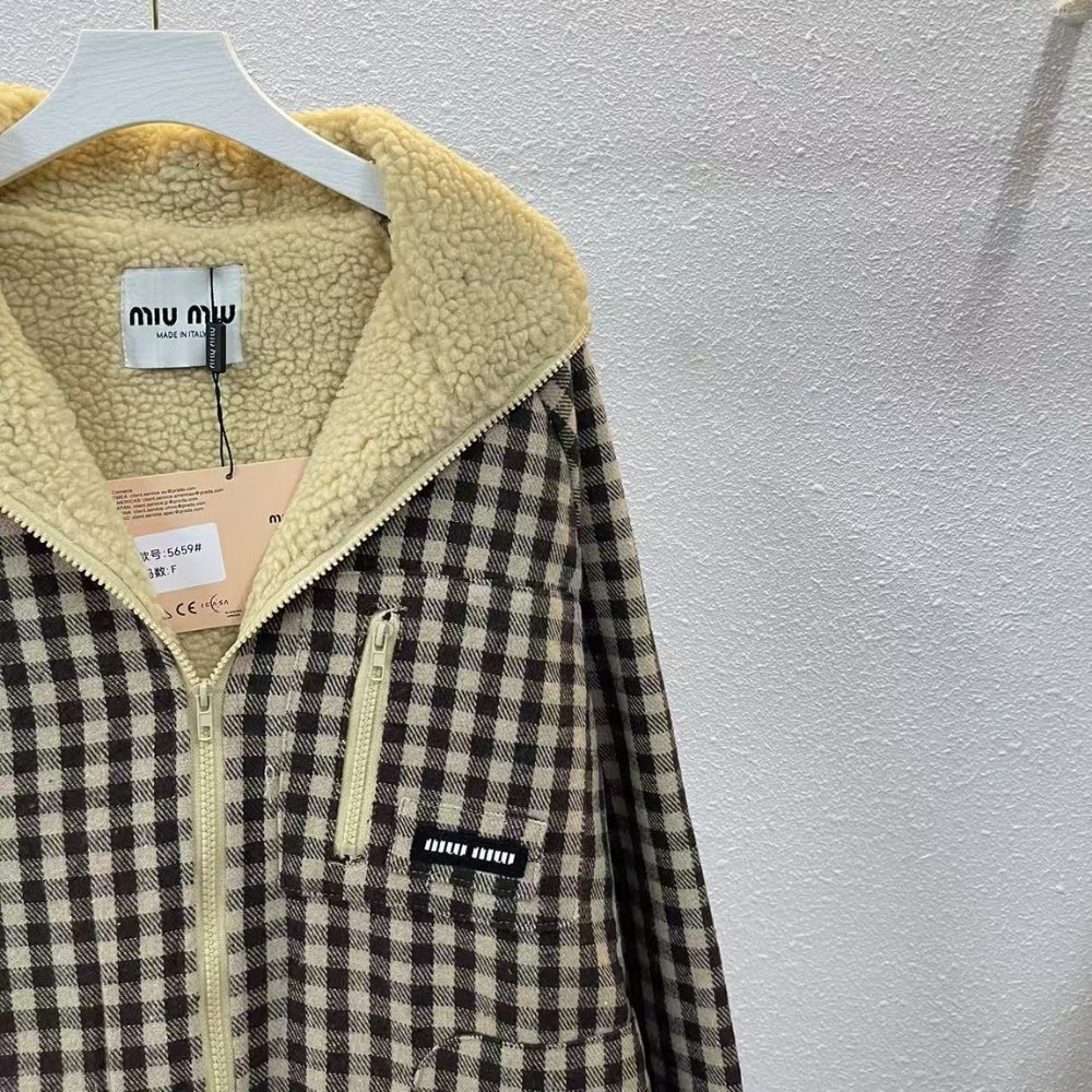 M1um1u Fleece Lined Checked Blouson Jacket Dark Brown Ml1358 18Aa F049P S Ooo
