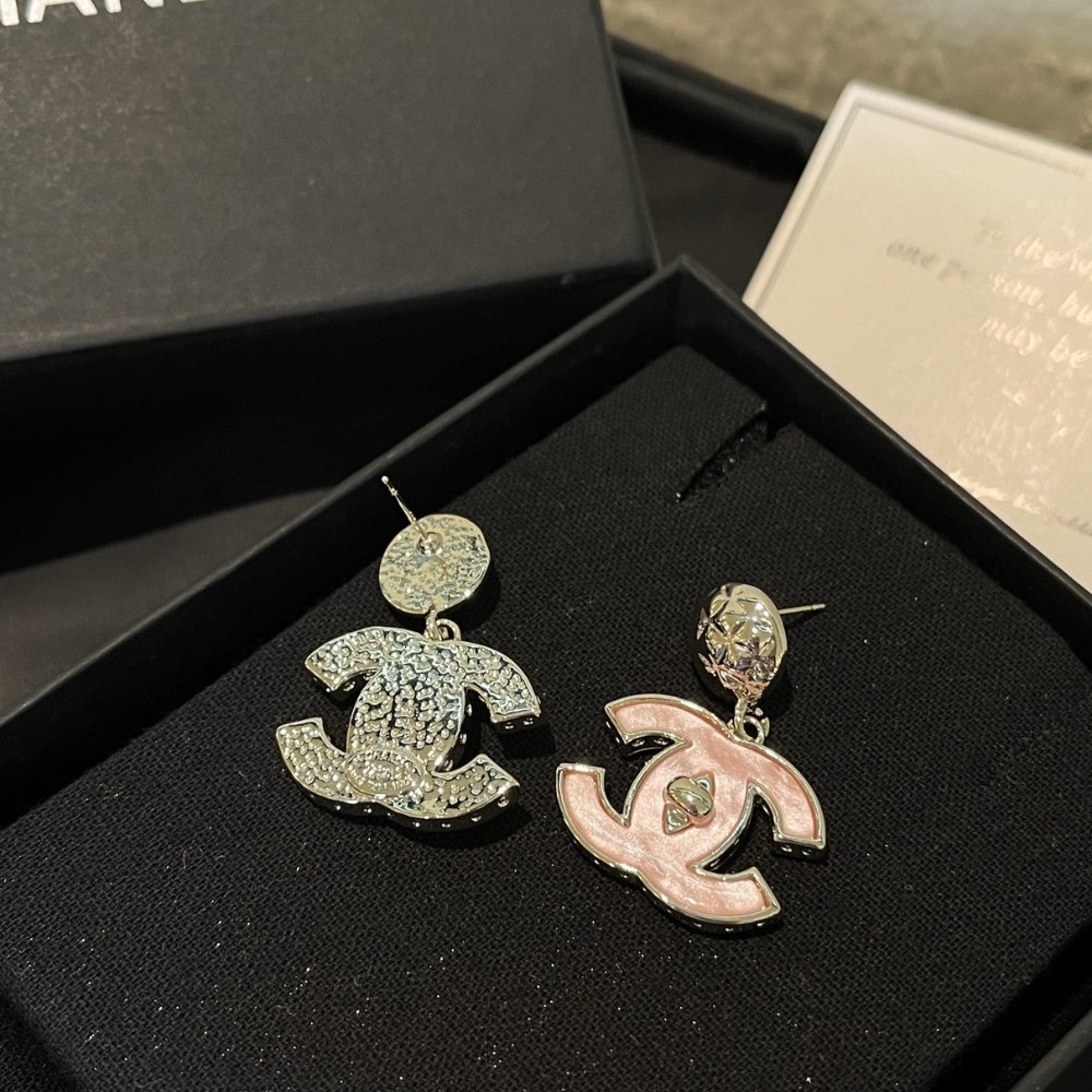 Ch**el Large Enamel Cc Dangle Earrings Light Pink