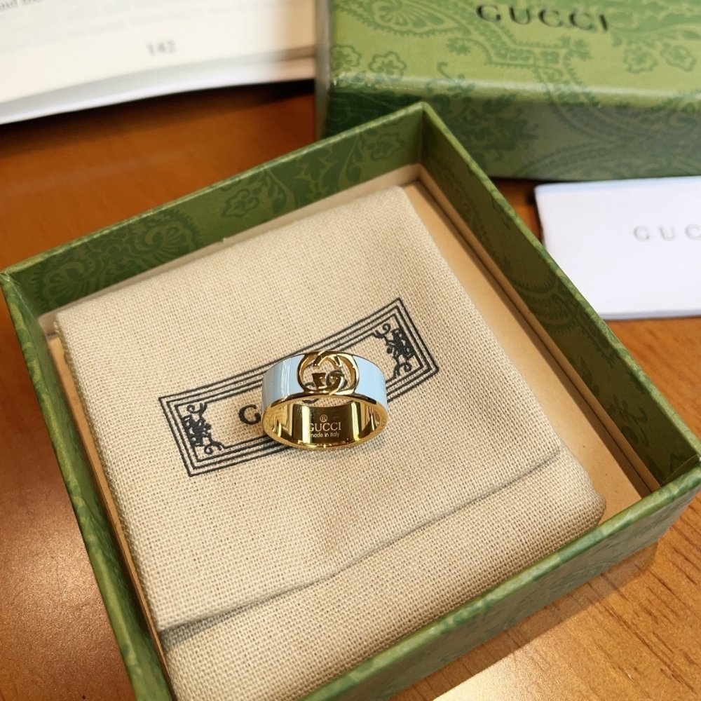 Set Gvc*1 Cuff Bracelet And Ring Interlocking Enamel Light Blue Gold Tone