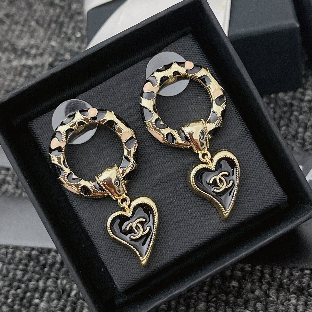 Ch**el Classic Love Double C Logo Leopard Round Earrings