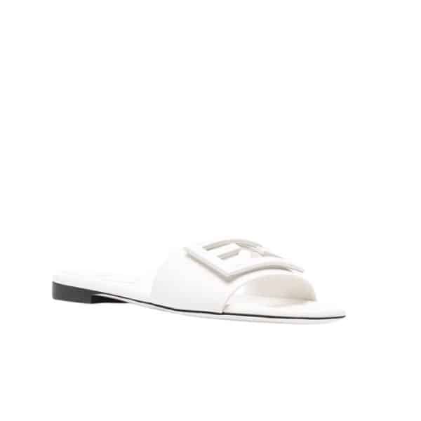 F**di Baguette White Leather Slides